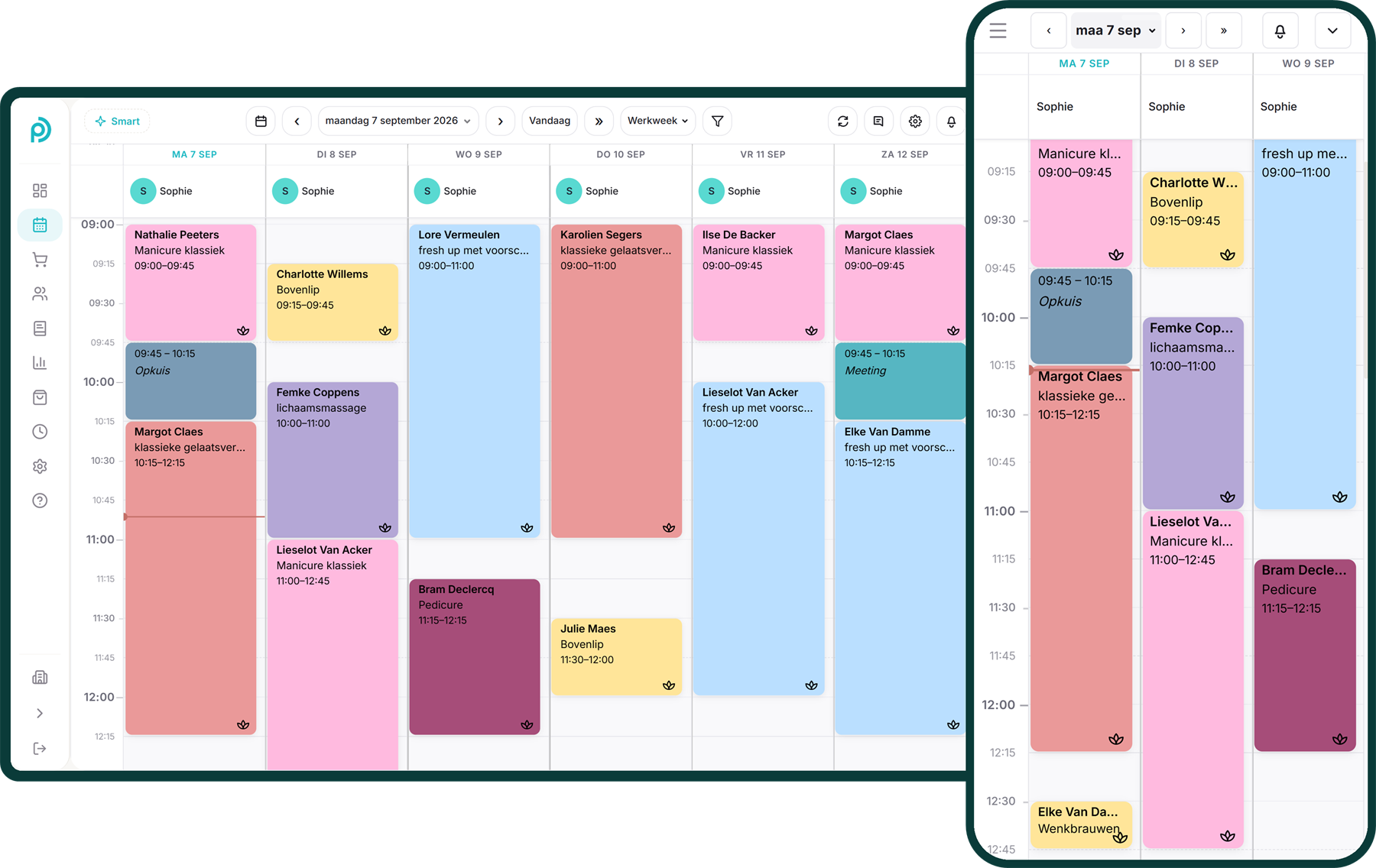 De weekagenda van Posworld op een tablet, met daarnaast dezelfde agenda op een smartphone: maandag tot zaterdag met afspraken in kleur per soort behandeling.