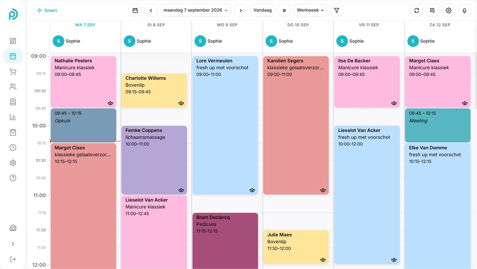De weekagenda van Posworld: maandag tot zaterdag naast elkaar, met per afspraak de klant, de behandeling en het tijdslot. De kleur van een afspraak volgt de soort behandeling.