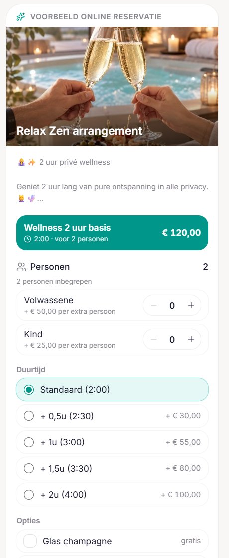 Het paneel Voorbeeld online reservatie in Posworld. Bovenaan de foto van het Relax Zen arrangement, daaronder de sfeertekst en een groene balk Wellness twee uur basis, voor twee personen, 120 euro. Daaronder het blok Personen met tellers voor een extra volwassene aan vijftig euro en een kind aan vijfentwintig euro, het blok Duurtijd met de keuzes standaard twee uur, een half uur extra voor dertig euro, een uur extra voor vijfenvijftig euro, anderhalf uur voor tachtig euro en twee uur voor honderd euro, en onderaan het blok Opties met een glas champagne gratis.