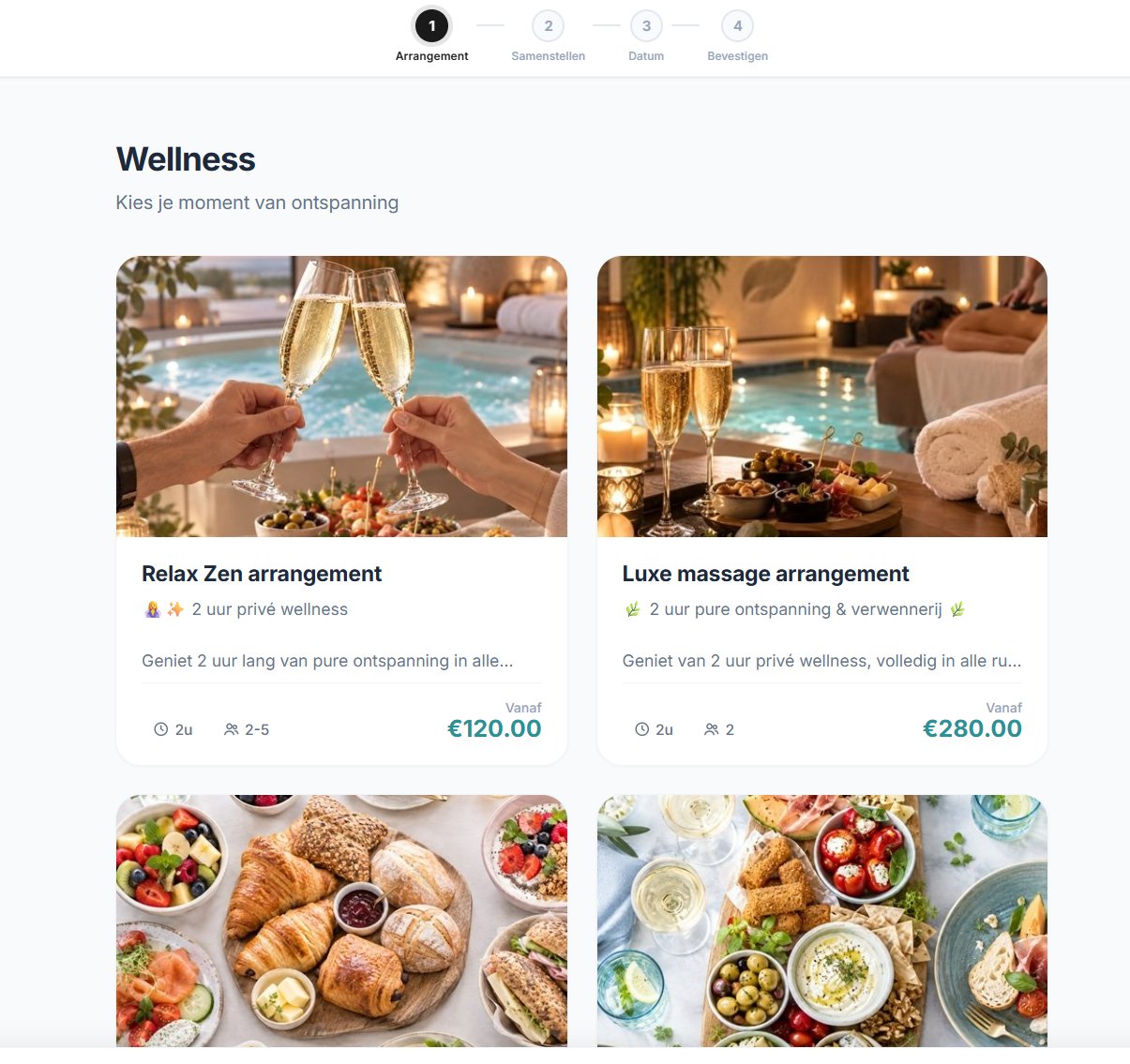 De wellnesspagina van de online reservatie. Bovenaan de vier stappen Arrangement, Samenstellen, Datum en Bevestigen. Daaronder de titel Wellness met de regel Kies je moment van ontspanning, en vier arrangementen als kaarten met foto. Het Relax Zen arrangement, twee uur privé wellness, voor twee tot vijf personen, vanaf 120 euro. Het Luxe massage arrangement, twee uur pure ontspanning en verwennerij, voor twee personen, vanaf 280 euro.
